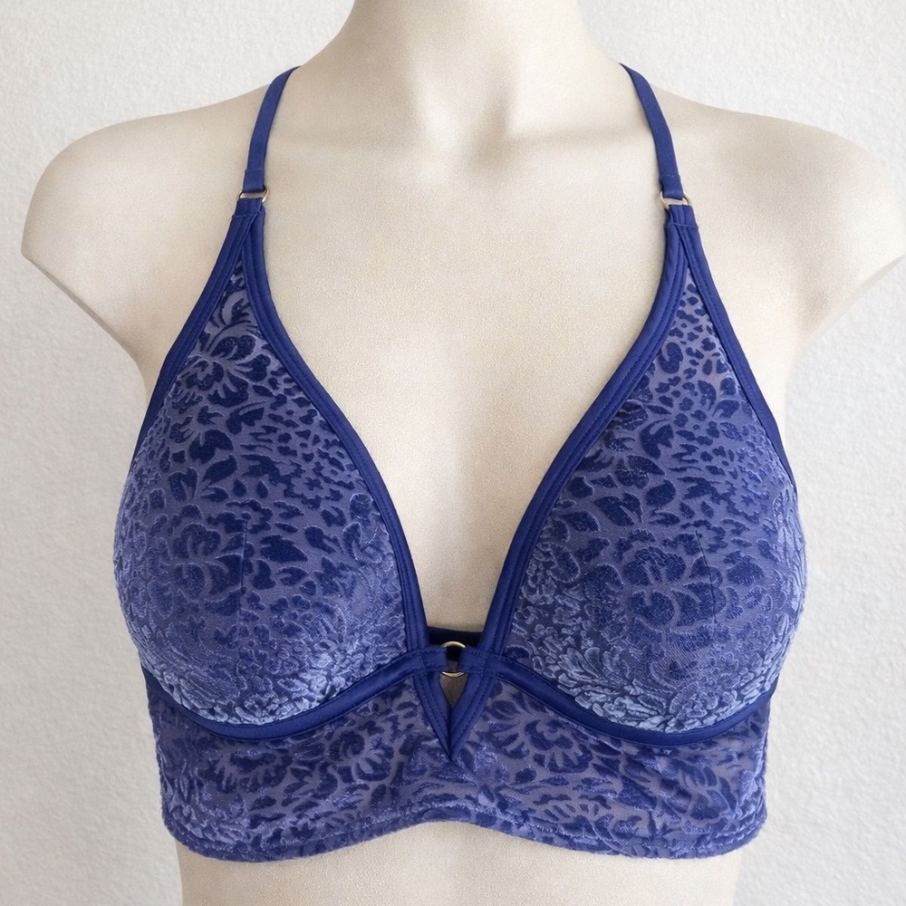 Victoria’s Secret PINK Dark Blue Velvet Burnout Longline Bralette M Rare Style